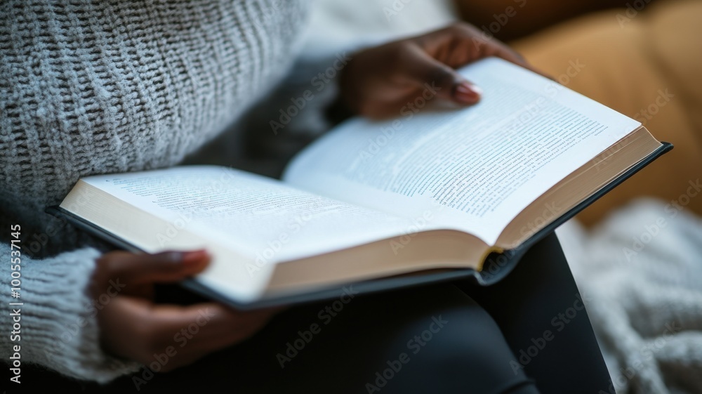 Person reading a book at home on a cozy couch, soft lighting in background.