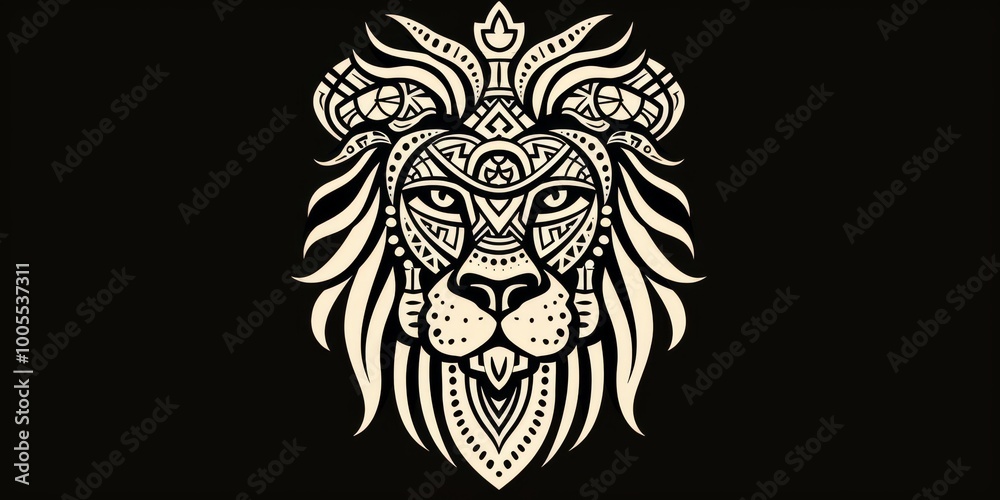 Lion head with tribal patterns in simple line drawing. Lion head with tribal patterns in simple line drawing.