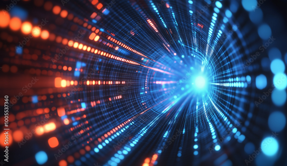 Obraz premium Digital Light Tunnel with Dynamic Blue and Orange Glowing Particles in a Futuristic Abstract Design