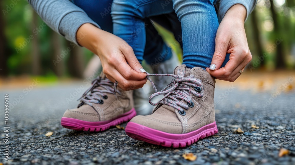 Person tying shoelaces on a child's boots in a park setting. Person tying shoelaces on a child's boots in a park setting.