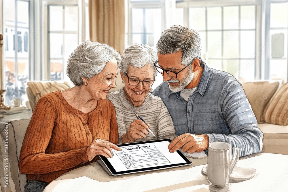 Insurance agent and elderly couple filling out an insurance survey on an iPad, bright and warm living room setting, emotional connection, senior insurance, survey assistance Insurance agent and elderly couple filling out an insurance survey on an iPad, bright and warm living room setting, emotional connection, senior insurance, survey assistance