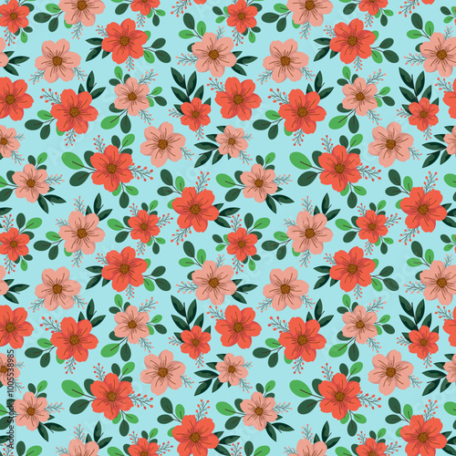 delightful floral seamless pattern with pink and red flowers, green leaves, and a refreshing blue background. Perfect for wallpaper, fabric, or any project needing a cheerful, vintage touch