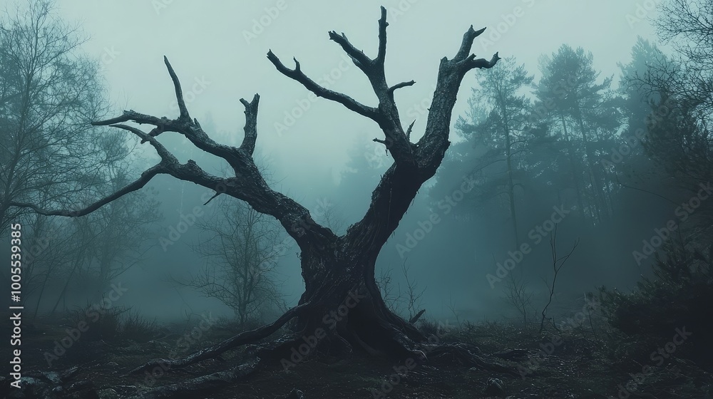 A haunting, leafless tree stands alone in a misty forest, evoking a sense of mystery and tranquility in nature. A haunting, leafless tree stands alone in a misty forest, evoking a sense of mystery and tranquility in nature.