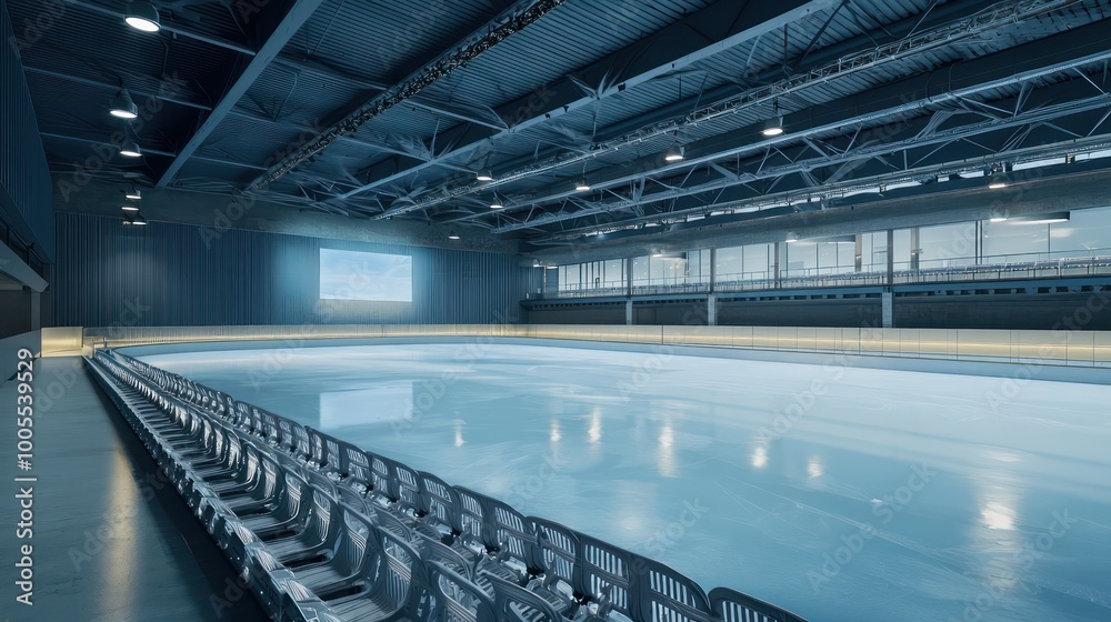 Naklejka premium A sustainable ice skating rink using reclaimed water and powered by renewable energy, with recycled plastic seating
