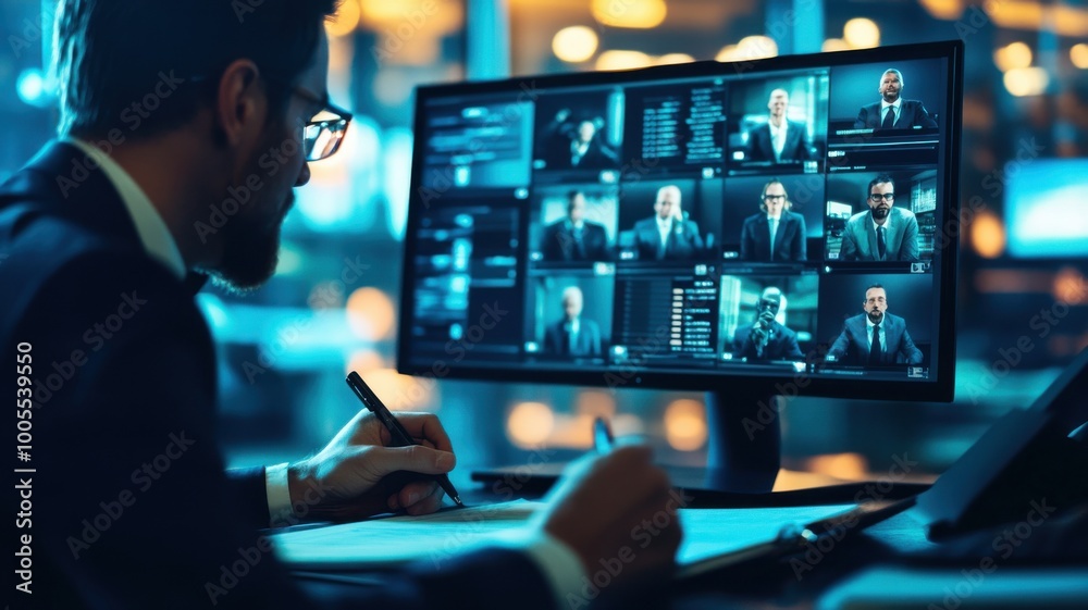 Professional man analyzing data on multiple screens in a modern office environment. Professional man analyzing data on multiple screens in a modern office environment.
