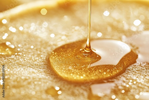 A drop of honey spreads over the pancake.Pancakes with syrup macro shot.Syrup pours on a pancake macro photo.Honey spreads.Drop of syrup close-up.Golden pancakes with glitter syrup.generative ai