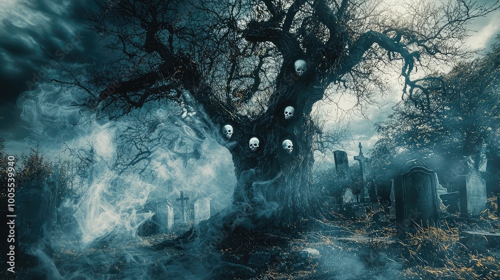 Obraz premium A haunting scene featuring a gnarled tree with ghostly figures, shrouded in mist among eerie gravestones at twilight.