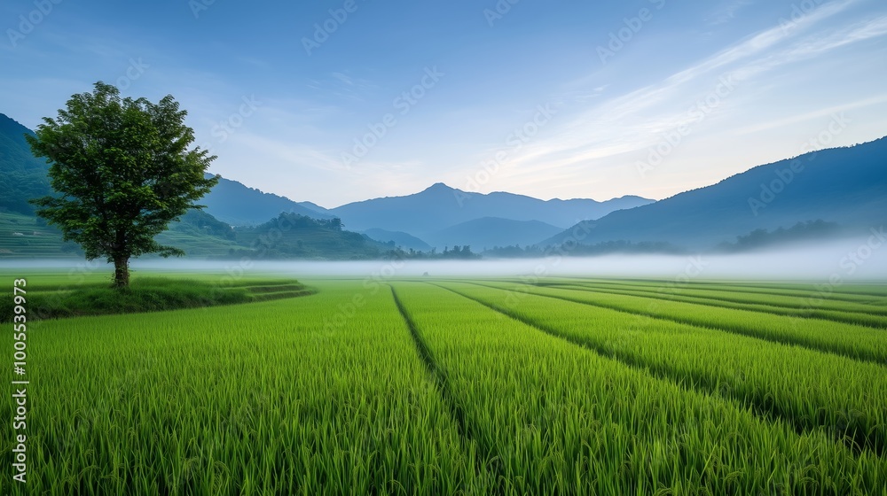 Naklejka premium A misty morning in the rice fields, with dew-covered rice plants glistening in the early light, and mist rolling off the nearby hills. 