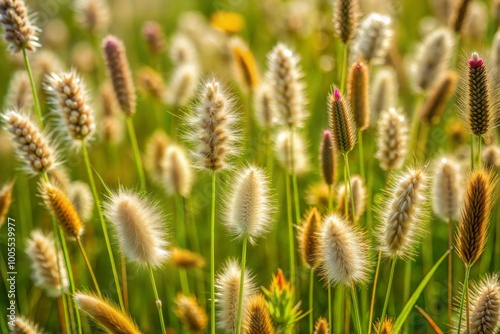 Sunlit fluffy grass flowers in meadow