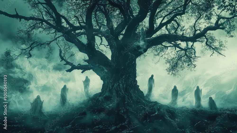 Fototapeta premium A haunting scene featuring a mystical tree shrouded in fog, surrounded by shadowy figures, evoking mystery and intrigue.