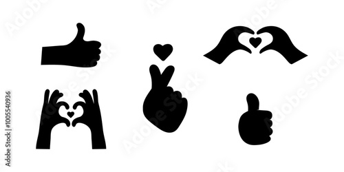 Like black color Silhouettes of heart and hands forming heart shape, thumbs up. Vector illustration.