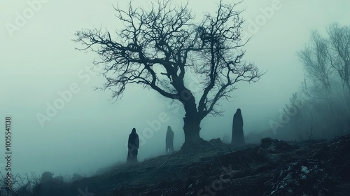 A hauntingly foggy landscape features a bare tree and mysterious figures, evoking a sense of mystery and solitude.