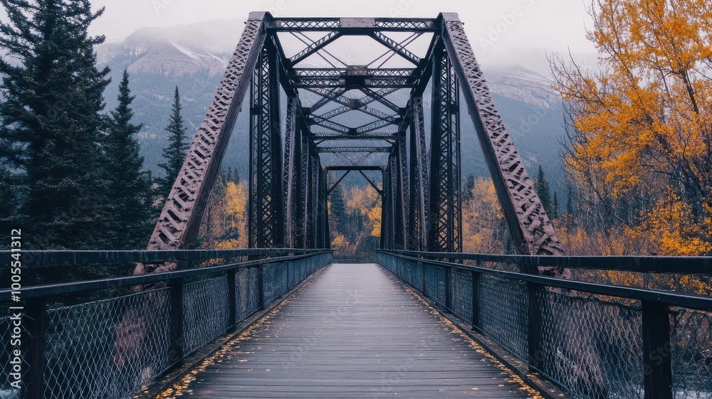 Obraz premium Rustic iron bridge surrounded by autumn foliage and mountains.