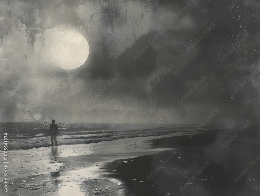 Mysterious ghostly figure gliding through the moonlit sand on a peaceful beach at night. Mysterious ghostly figure gliding through the moonlit sand on a peaceful beach at night.