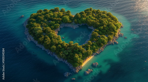 Heart-Shaped Island Surrounded by Crystal Blue Waters, Lush Trees, and Sandy Shoreline