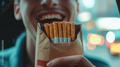 A joyful person holding a pack of snacks, showcasing their bright smile against a blurred urban background. photo