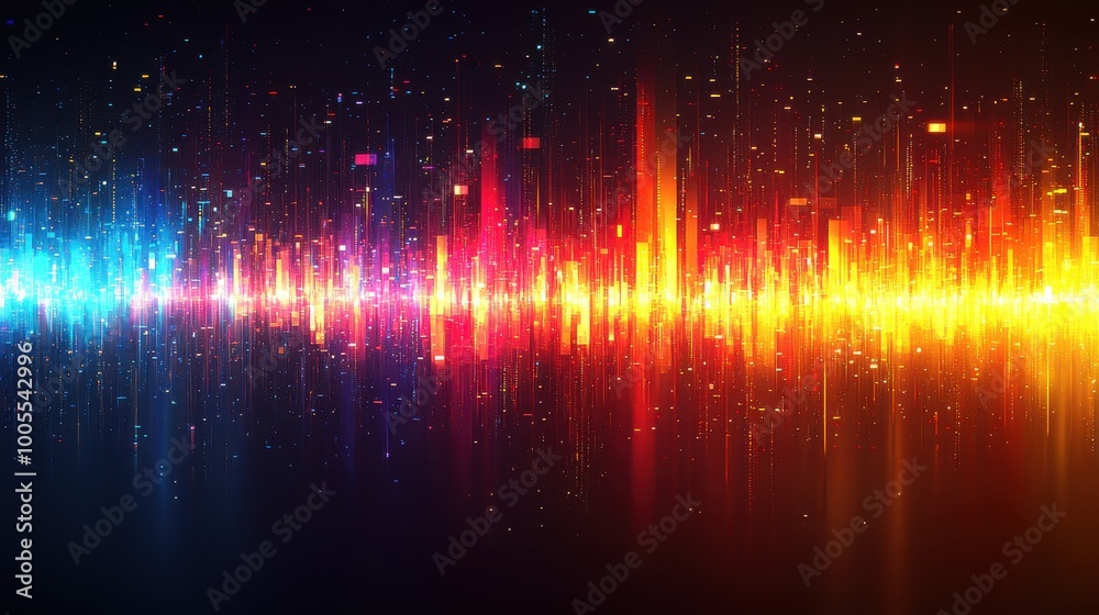 Colorful abstract sound wave visualization representing audio frequencies with vibrant hues in a dark background Colorful abstract sound wave visualization representing audio frequencies with vibrant hues in a dark background
