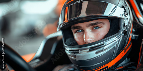 A close up portrait of a race car driver in his helmet, generative AI