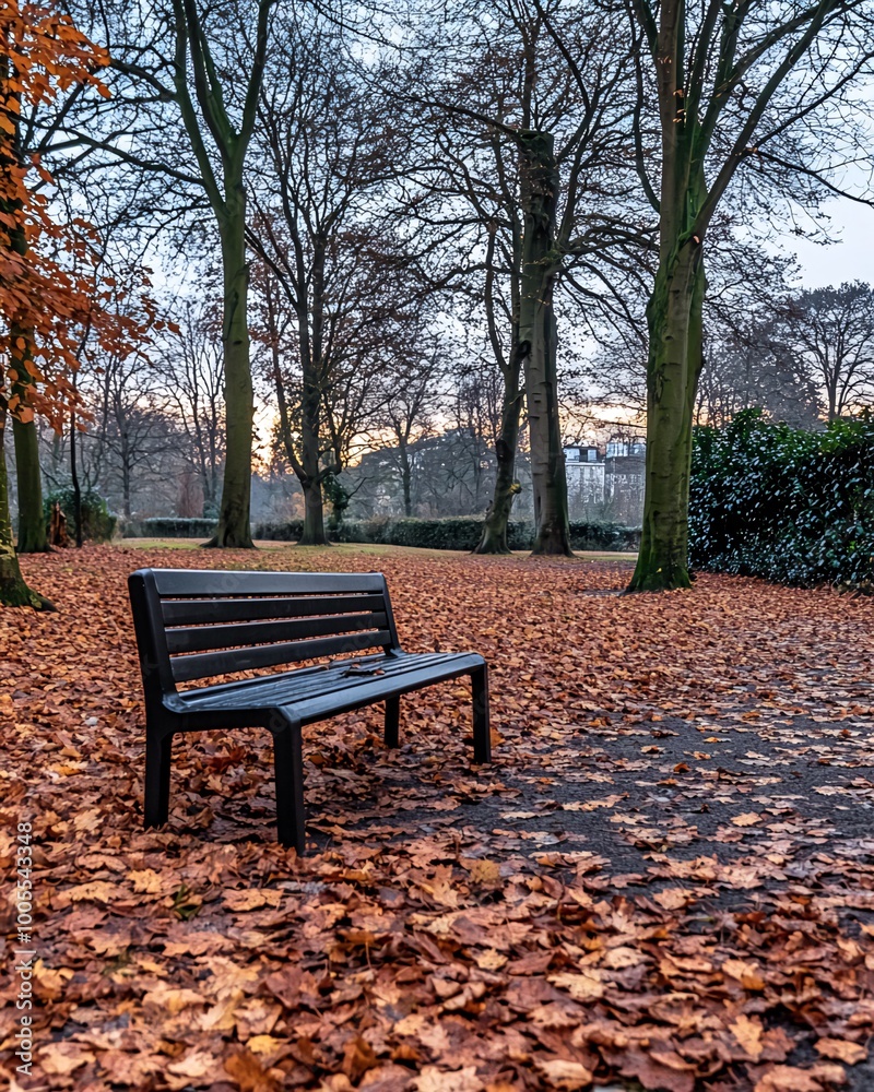 A lone bench sits in a park covered in fallen leaves. A lone bench sits in a park covered in fallen leaves.