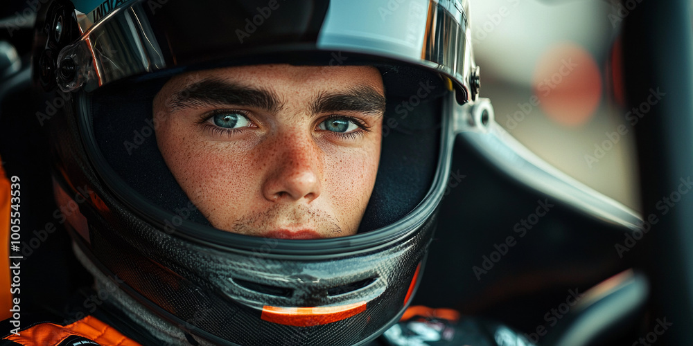 A close up portrait of a race car driver in his helmet, generative AI A close up portrait of a race car driver in his helmet, generative AI
