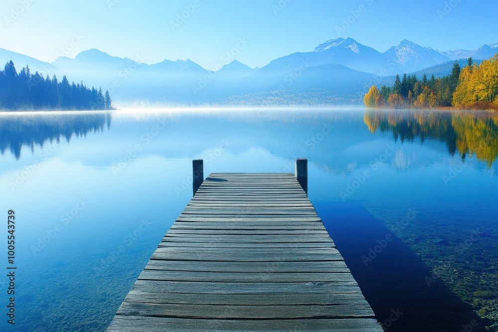 Scenic view of a dock extending into a calm lake surrounded by mountains. Scenic view of a dock extending into a calm lake surrounded by mountains.