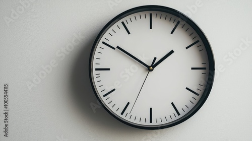 A minimalist wall clock with a black frame and white face, showcasing simple black hour and minute hands for a modern touch.