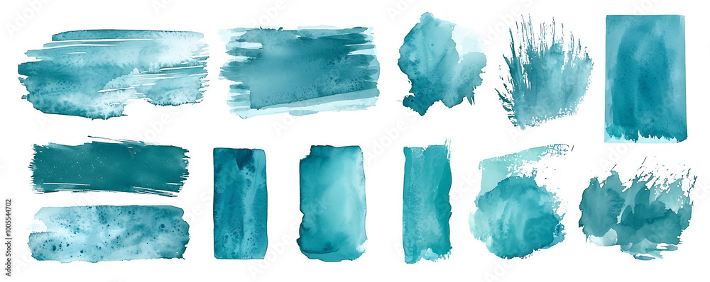 A collection of hand-drawn watercolor stripes in various shades of turquoise displayed on a white background