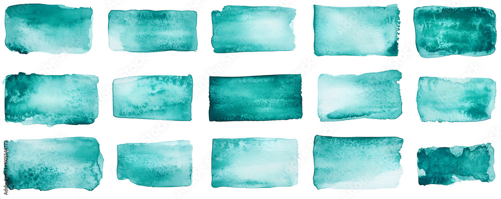 A collection of hand-drawn watercolor stripes in various shades of turquoise displayed on a white background