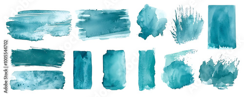 Obraz na płótnie A collection of hand-drawn watercolor stripes in various shades of turquoise displayed on a white background w salonie