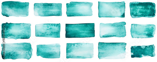Obraz na płótnie A collection of hand-drawn watercolor stripes in various shades of turquoise displayed on a white background w salonie