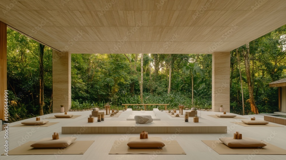Fototapeta premium Serene meditation space surrounded by nature, featuring cushions and a minimalist design.