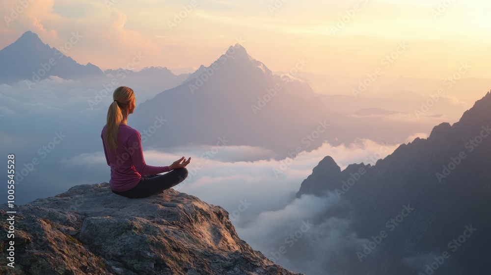 Obraz premium Serene woman meditating on a mountain peak during sunset.