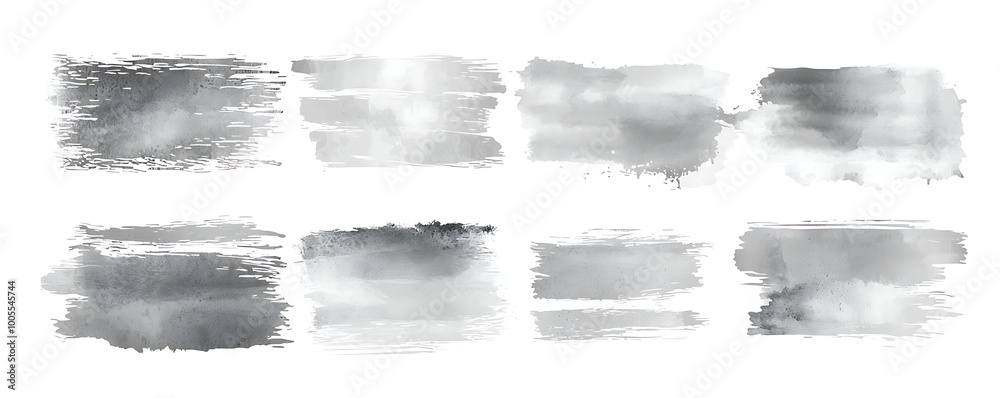 A collection of silver watercolor stripes hand-drawn with textured brushstrokes on a white background A collection of silver watercolor stripes hand-drawn with textured brushstrokes on a white background