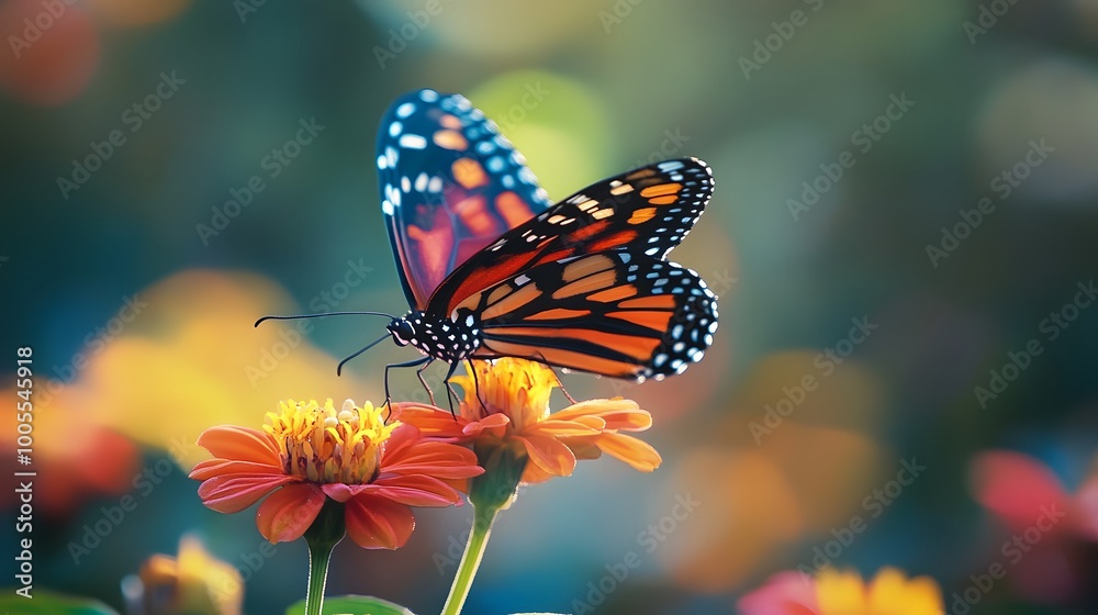 A vibrant depiction of a butterfly resting on a blooming flower in India A vibrant depiction of a butterfly resting on a blooming flower in India
