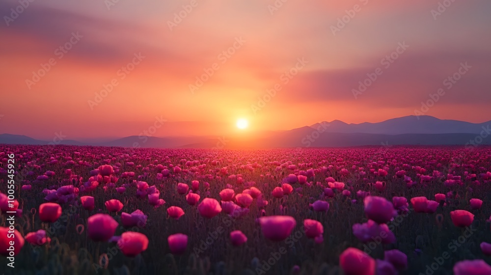 Obraz premium A vivid sunset over a field of blooming poppies in India