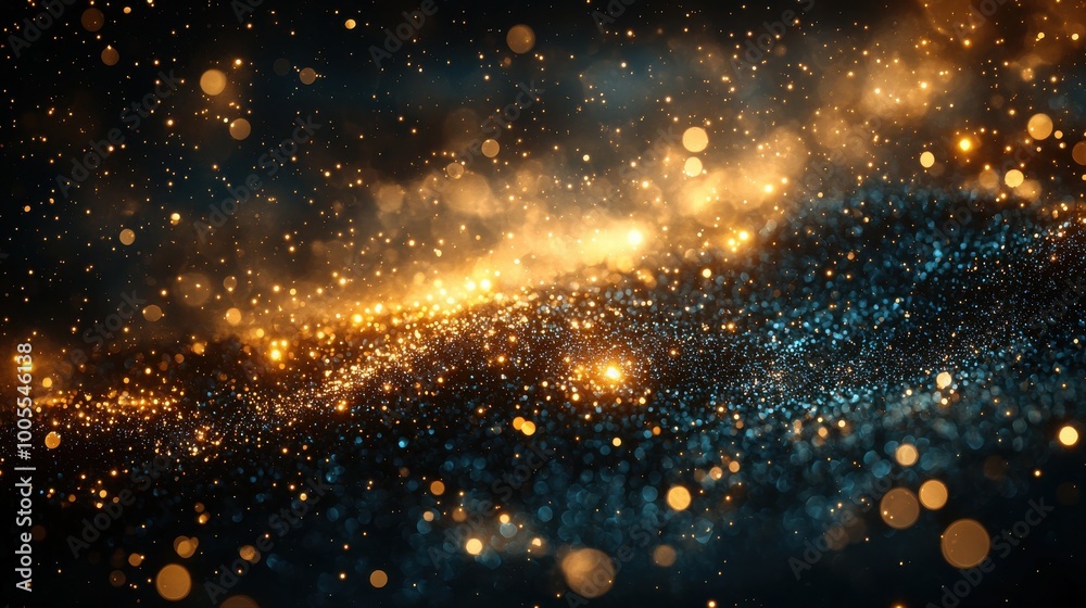 A mesmerizing display of shimmering golden and blue particles floating in a dark cosmic atmosphere at night A mesmerizing display of shimmering golden and blue particles floating in a dark cosmic atmosphere at night