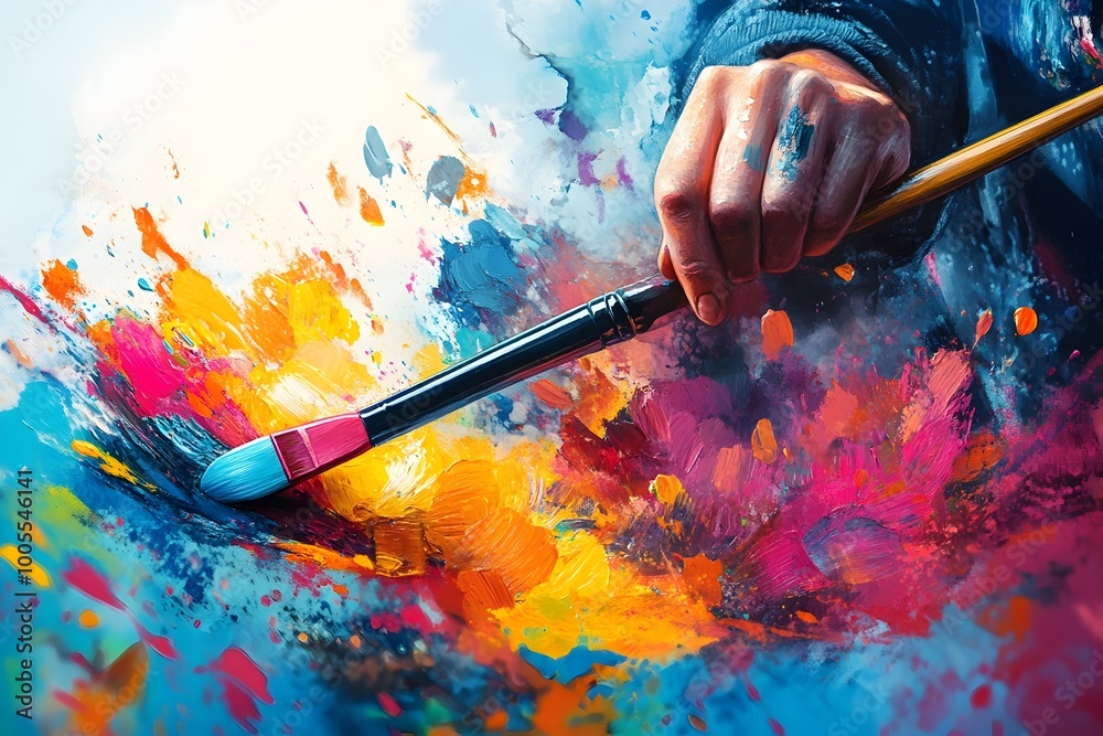 Vibrant Pop Art Style Holding Paintbrush with Splashes of Vivid Color on Canvas Vibrant Pop Art Style Holding Paintbrush with Splashes of Vivid Color on Canvas