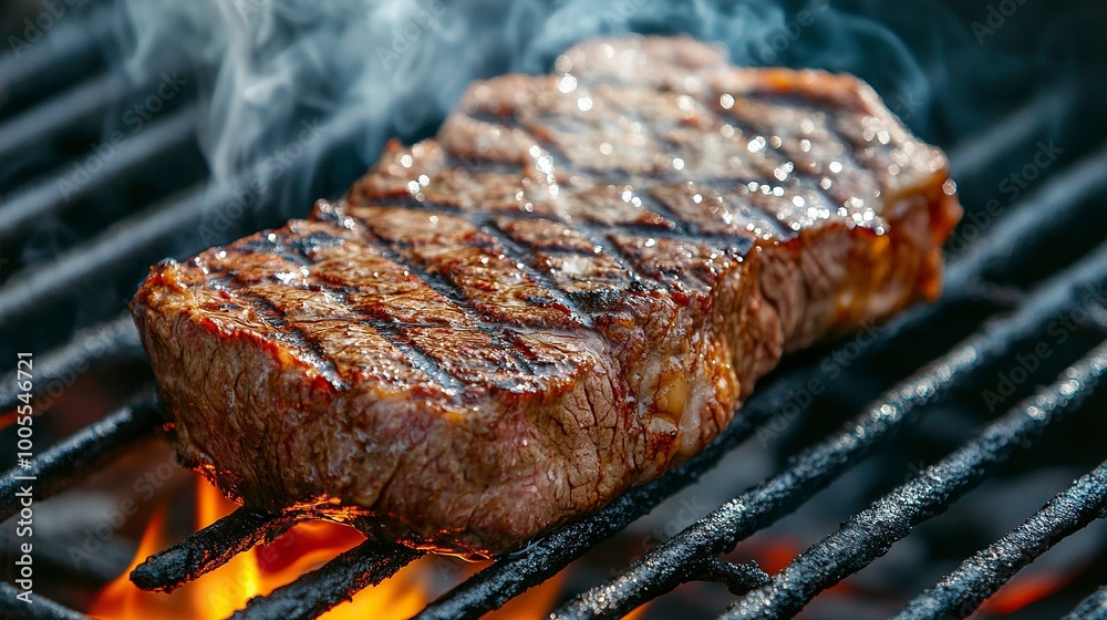BBQ dry aged wagyu roast beef steak grilled as close-up on a charcoal grill with fire and smoke generative ai BBQ dry aged wagyu roast beef steak grilled as close-up on a charcoal grill with fire and smoke generative ai