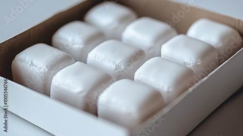 A neatly arranged box of white detergent pods, perfect for laundry purposes, showcasing modern and convenient cleaning solutions. photo