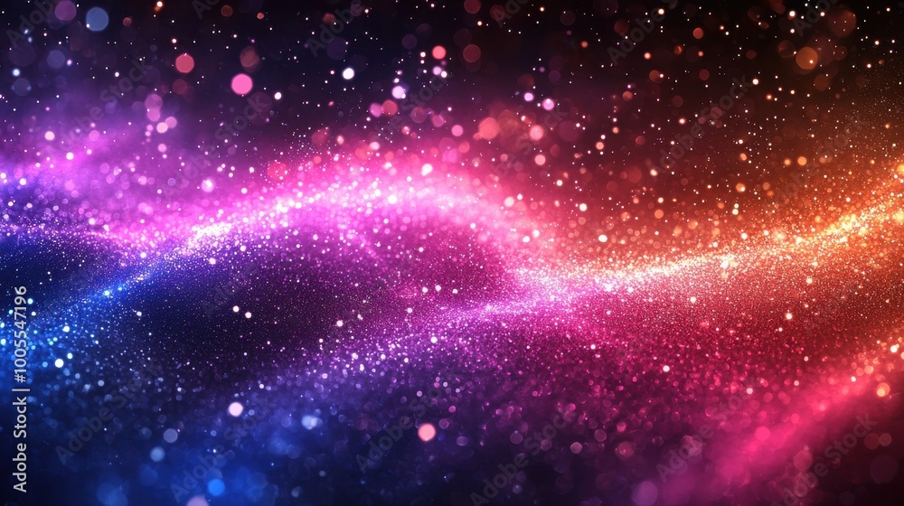 Fototapeta premium Colorful abstract wave of light and particles shimmering across a dark background in a vivid blend of purple, blue, and orange hues