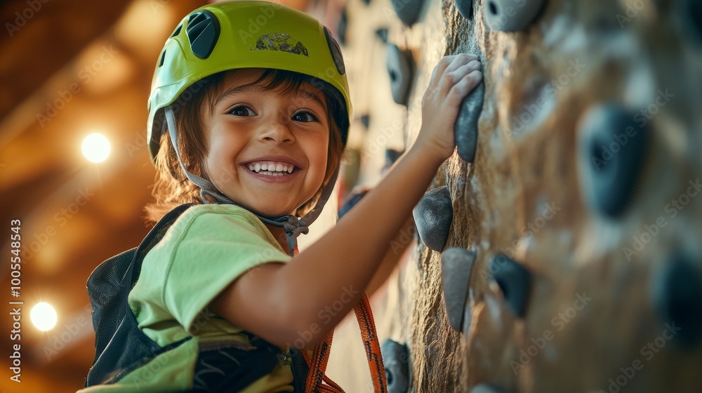Brave Young Native American Child Conquering Indoor Rock Wall with Confidence in Neon Green Helmet and Sporty Gear Brave Young Native American Child Conquering Indoor Rock Wall with Confidence in Neon Green Helmet and Sporty Gear