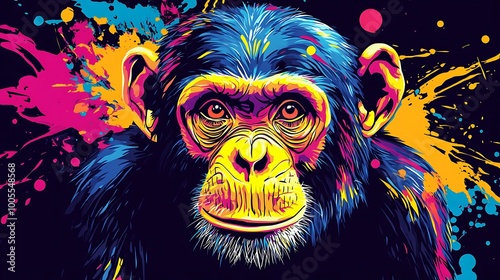 A vibrant, colorful portrait of a chimpanzee with paint splatter background.