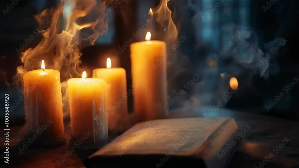 Mystical Candles and Ancient Book in Dimly Lit Room Mystical Candles and Ancient Book in Dimly Lit Room
