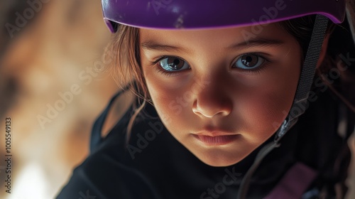 Determined Hispanic Child Indoor Climbing with Purple Helmet and Serious Expression Under Warm Lighting