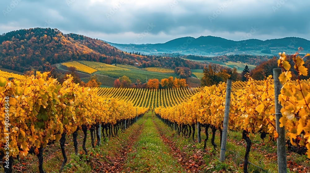 Fototapeta premium A scenic vineyard in autumn showcasing vibrant yellow leaves and rolling hills under a cloudy sky, perfect for nature lovers.