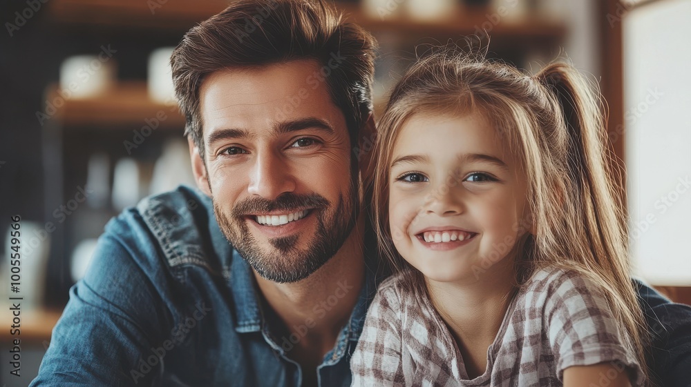 Smiling father and daughter together in a cozy setting. Smiling father and daughter together in a cozy setting.