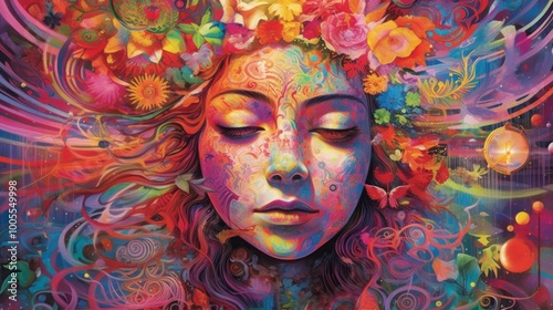 A vibrant, colorful portrait of a woman surrounded by flowers.