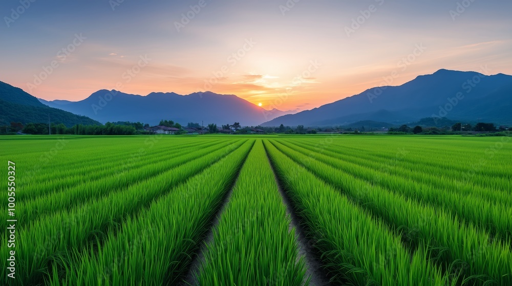 A peaceful evening view of a rice field as the sun sets behind the mountains, casting long shadows over the green plants and turning the sky shades of pink and orange. A peaceful evening view of a rice field as the sun sets behind the mountains, casting long shadows over the green plants and turning the sky shades of pink and orange.