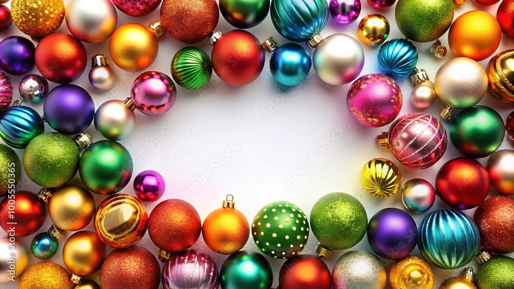 Celebrate the season with a lively frame showcasing bright Christmas balls on a clean white backdrop, ideal for Celebrate the season with a lively frame showcasing bright Christmas balls on a clean white backdrop, ideal for