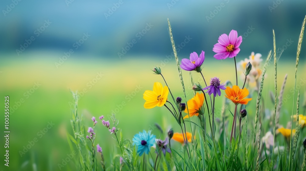 Wildflowers growing along the edge of a green rice field, with soft sunlight illuminating the vibrant colors of both the flowers and the rice plants, creating a beautiful rural scene. Wildflowers growing along the edge of a green rice field, with soft sunlight illuminating the vibrant colors of both the flowers and the rice plants, creating a beautiful rural scene.